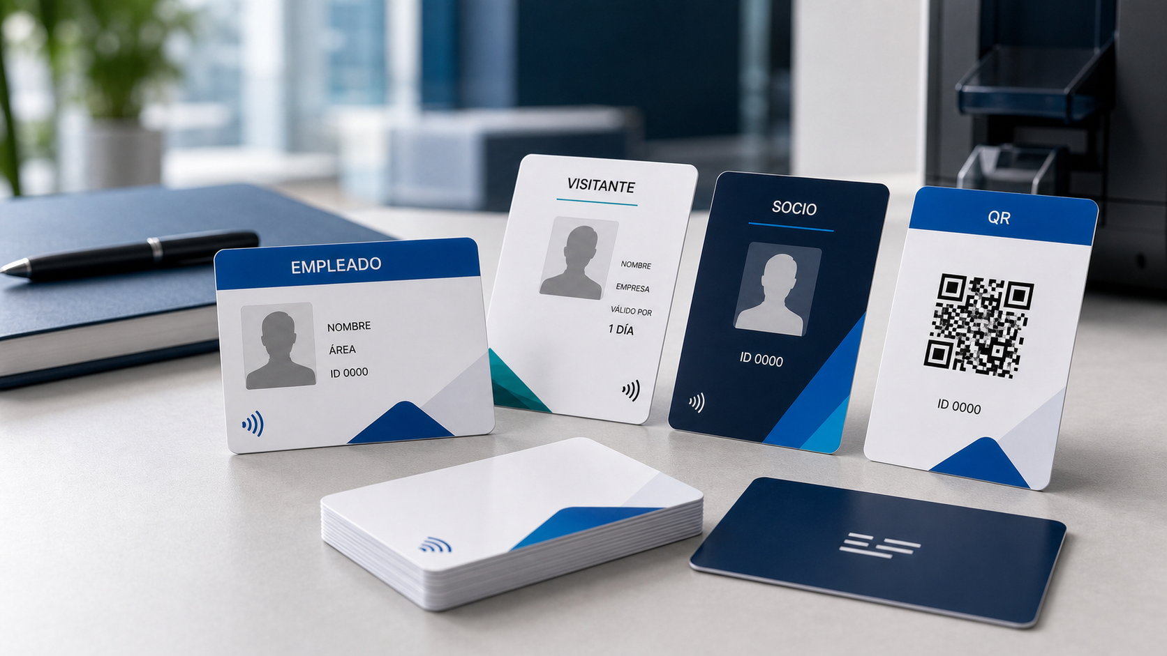 Tarjetas PVC personalizadas físicas de empleado, visitante, socio y tarjeta con QR sobre una mesa corporativa