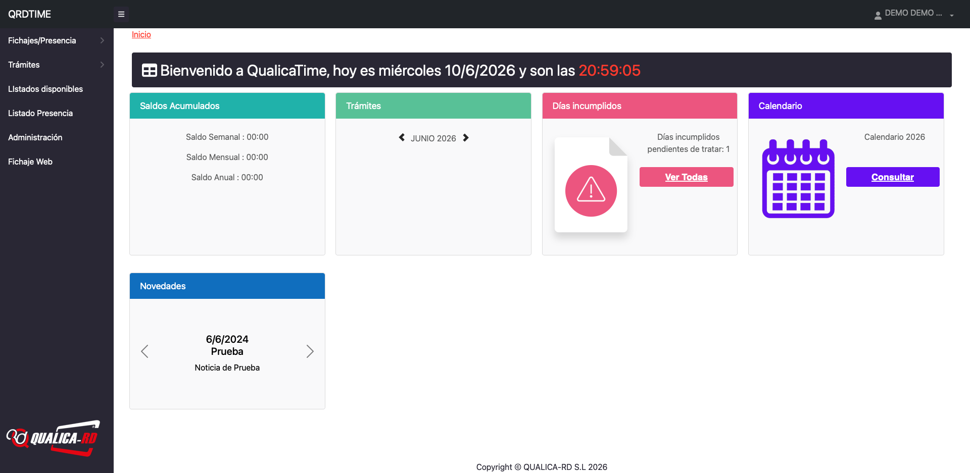 Panel general de QRDTime de Qualicard para control horario