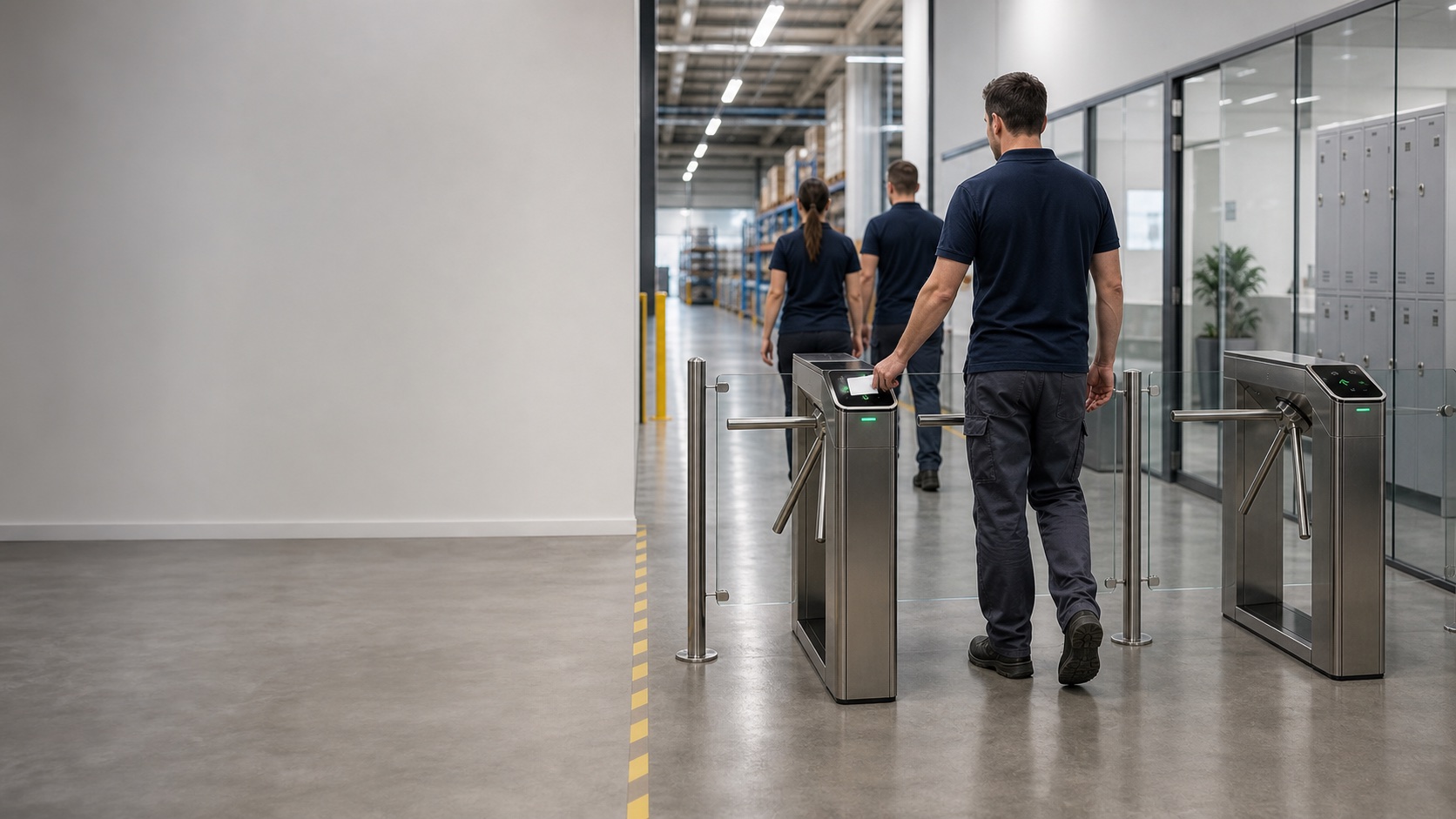 Entrada de empleados con torno y lector RFID para control de acceso