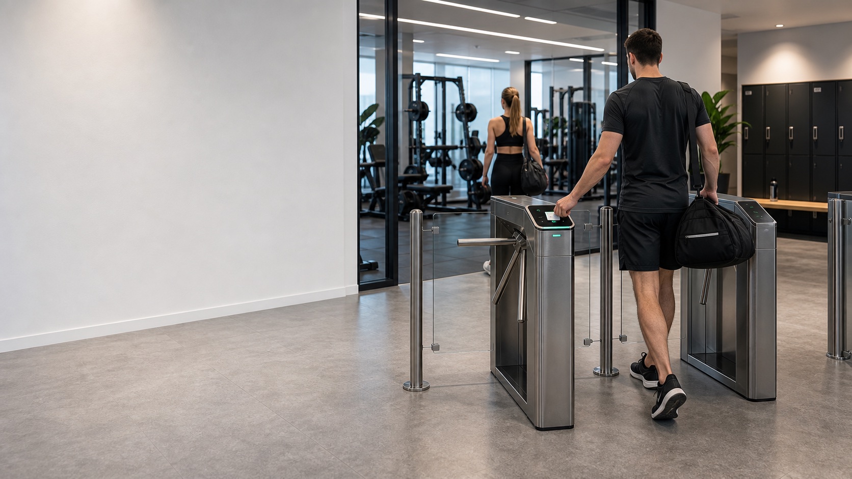 Entrada de gimnasio con torno y lector RFID para control de acceso