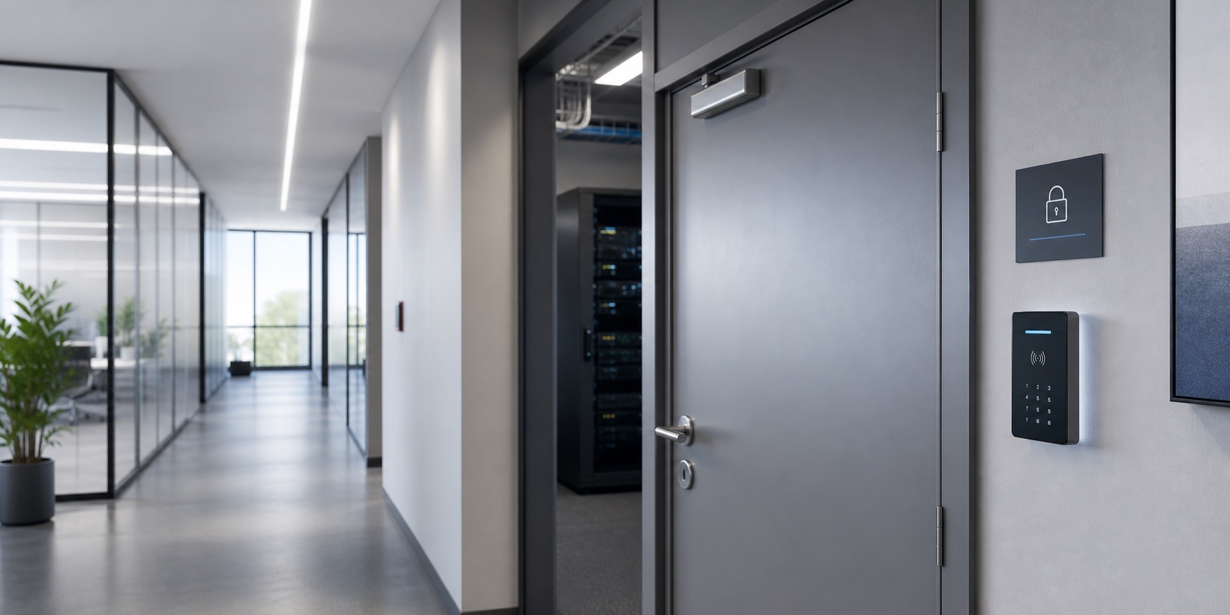 Puerta corporativa con lector RFID para control de acceso a zona restringida